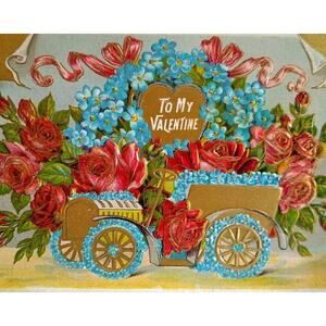 To My Valentine Postcard Automobile Car Jalopy With Flowers Roses Deep Embossed